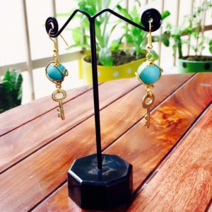 Turquoise-Bead-With-Golden-Key-Earrings